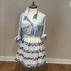 New! Francesca’s floral blue white stripe full mini skirt size m-l
